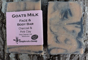 simplenakedsoap goat milk charcoal and pink clay face and body bar